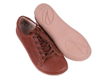 Handmade Brown Leather Barefoot Sneakers: Zero Drop Grounding Shoes