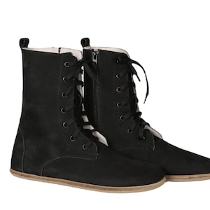 Dames handgemaakte lange laarzen Zero Drop, blote voeten ZWART NUBUCK leer, natuurlijk, kleurrijk, lederen binnenzool & buitenzool