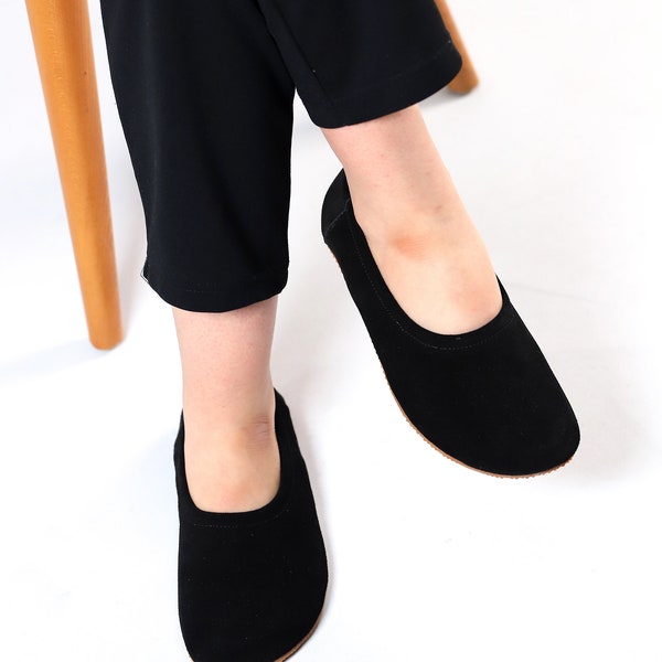 Flat Ballet Barefoot Zero Drop BLACK SUEDE Leather Ballerinas, Leather Handmade Shoes, Slip-On 5mm Rubber Outsole or Leather Outsole