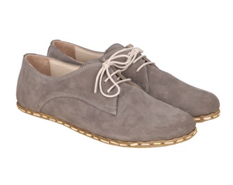 WOMEN Oxford Barefoot GRAY Nubuck Leather Handmade  SPORT Yemeni Shoes, Natural, Colorful, Slip-On