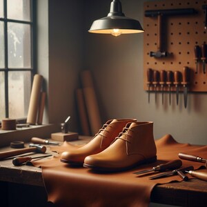 Puede incluir: Un par de botines chukka de cuero marr&oacute;n claro con cordones, exhibidos sobre una superficie de cuero en un taller. Los botines son el punto focal, mostrando la artesan&iacute;a. Varias herramientas de marroquiner&iacute;a est&aacute;n dispersas alrededor.
