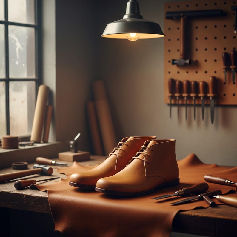 Puede incluir: Un par de botines chukka de cuero marr&oacute;n claro con cordones, exhibidos sobre una superficie de cuero en un taller. Los botines son el punto focal, mostrando la artesan&iacute;a. Varias herramientas de marroquiner&iacute;a est&aacute;n dispersas alrededor.