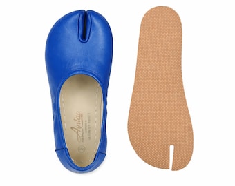 Women's Barefoot Flat Ballet Tabi Shoes BRIGHT BLUE SMOOTH Leather Split-Toe, Comfort, Handmade, 6mm-Rubber-Sole