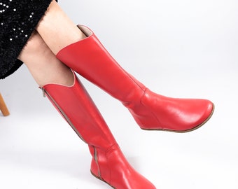 Women Flat KNEE Boots Barefoot Zero Drop RED SMOOTH Leather Handmade Shoes, 5mm Leather Outsole