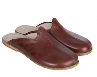 WOMEN Wide Slipper, Sandals Barefoot BROWN Leather Handmade