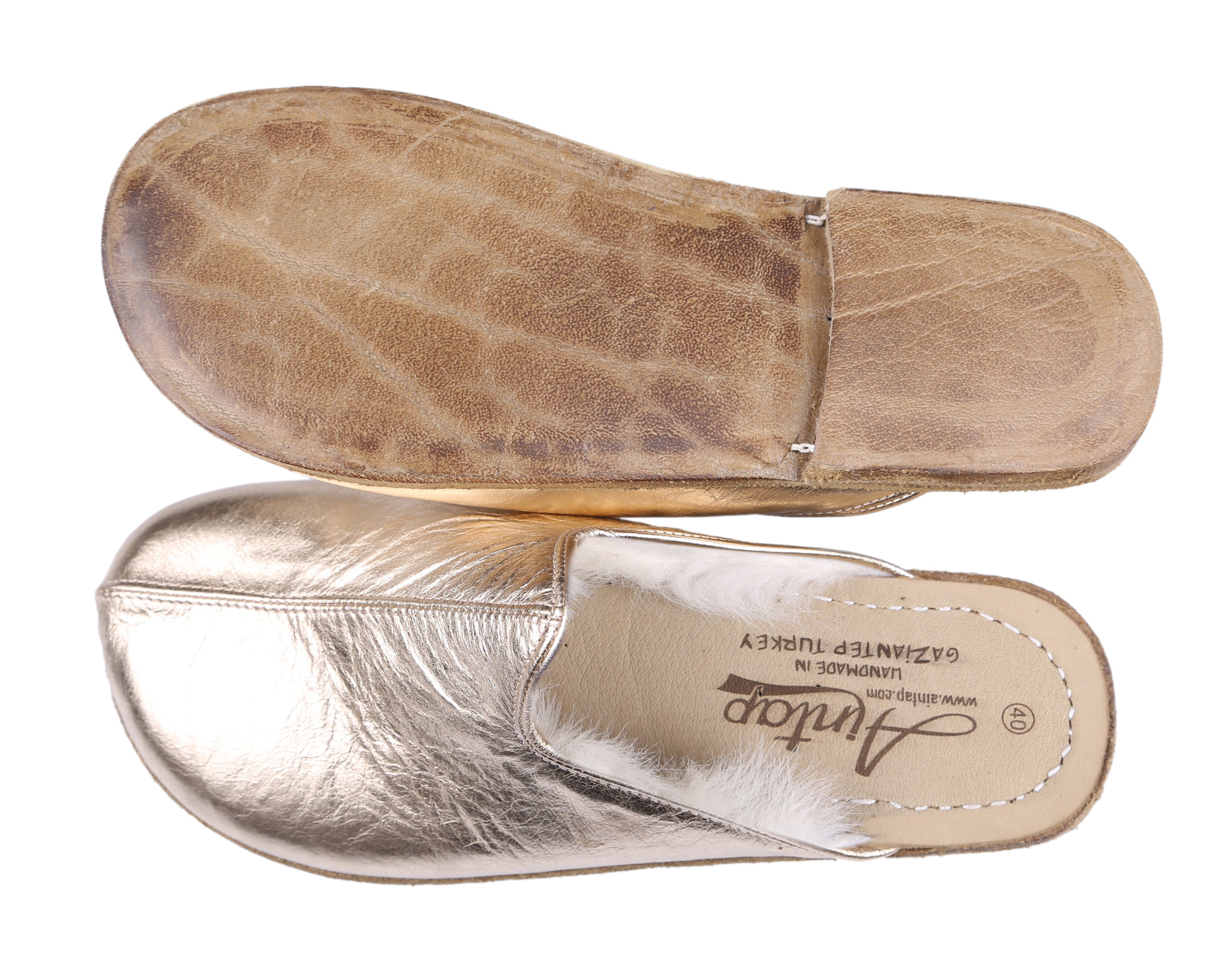 Gold leather mule slippers clearance