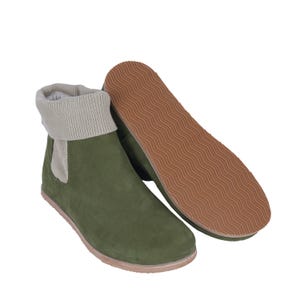 MEN Wide Barefoot Chelsea Boots, Zero Drop, Stacked Sock-like Cuffs, GREEN NUBUCK Leather Handmade, Natural, Eva Base Sole