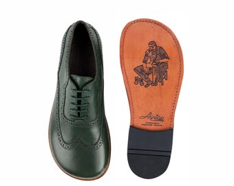 Chaussures richelieu en cuir LISSE VERTES pour femmes, pieds nus, style et confort classiques : faits main, mocassins