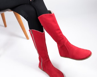 Women Flat KNEE Boots Barefoot Zero Drop RED NUBUCK Leather Handmade Shoes, 5mm Leather Outsole