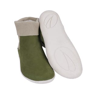 MEN Wide Barefoot Chelsea Boots, Zero Drop, Stacked Sock-like Cuffs, GREEN NUBUCK Leather Handmade, Natural, 6mm Soft Rubber Sole
