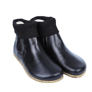 Women Wide Barefoot Chelsea Boots, Zero Drop, Stacked Sock-like Cuffs, BLACK Smooth Leather Handmade, Natural,  Leather Insole & Outsole