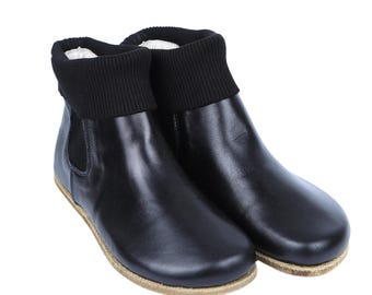 Women Wide Barefoot Chelsea Boots, Zero Drop, Stacked Sock-like Cuffs, BLACK Smooth Leather Handmade, Natural,  Leather Insole & Outsole