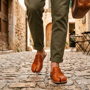 Op de afbeelding: Bruine leren split-toe sandalen met een slip-on design. De sandalen hebben een ronde neus en een band over de bovenkant. De persoon draagt ​​olijfgroene broek en loopt op een geplaveide straat.