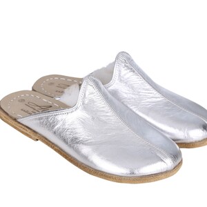 Shearling MEN Wide Slipper, Sandals Barefoot SILVER Bright Leather Handmade image 3