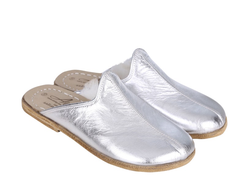 Shearling MEN Wide Slipper, Sandals Barefoot SILVER Bright Leather Handmade image 3