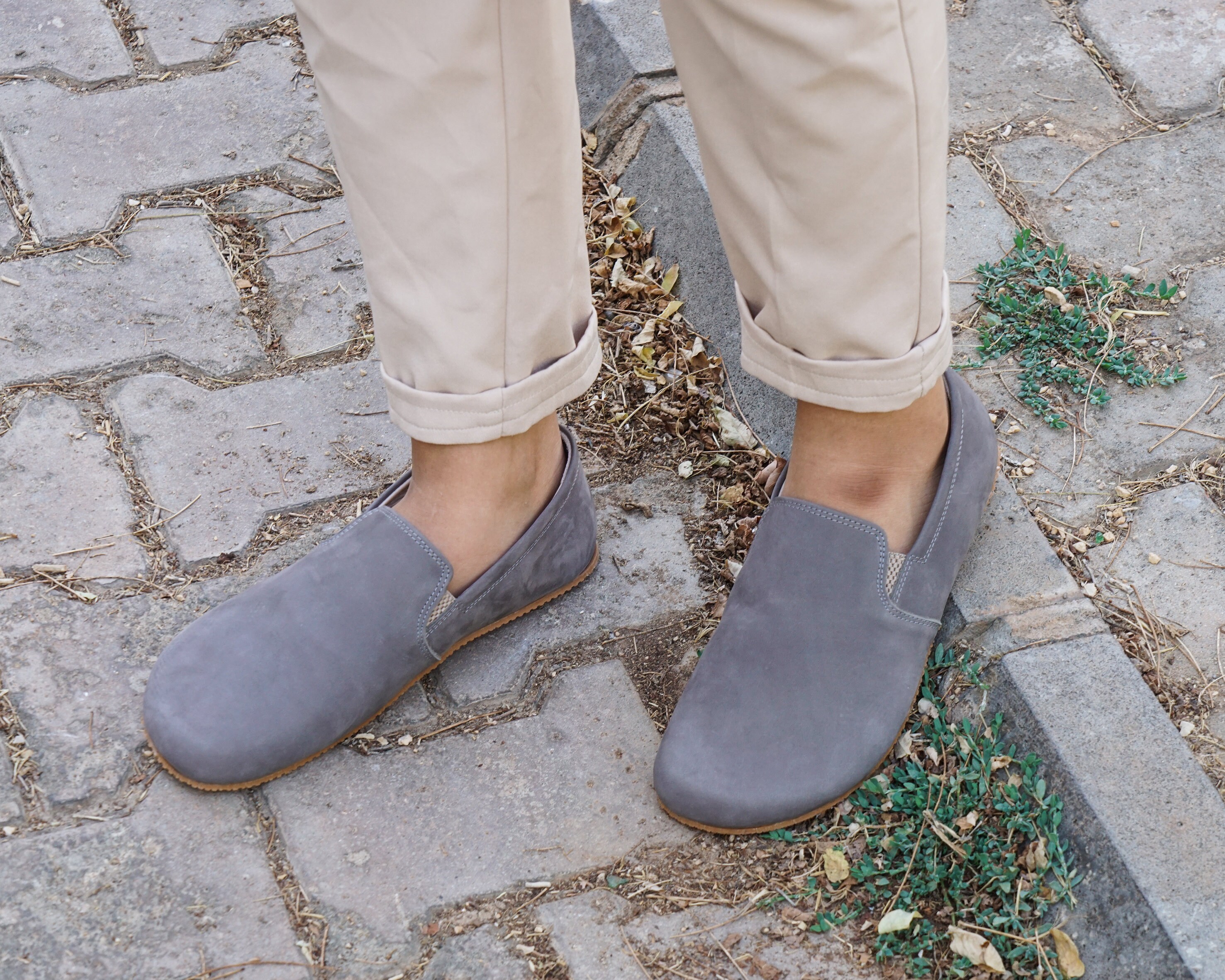 Mens Gray Nubuck Leather Barefoot Slip-on Shoes: Handmade 