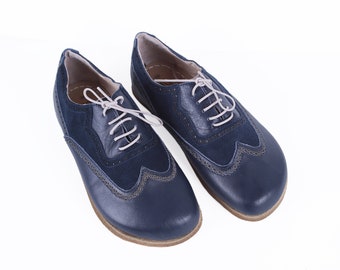 Men's Barefoot Leather Oxford Shoes: Smooth Navy Blue Handmade Zero Drop Dress Shoes