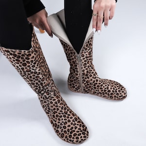 Dames platte knielaarzen op blote voeten Zero Drop LUIPAARDHAAR kalfsleer handgemaakte schoenen, 6MM zachte rubberen buitenzool