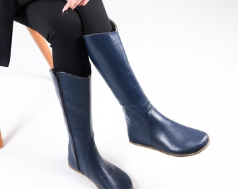 Women Flat KNEE Boots Barefoot Zero Drop NAVY Blue SMOOTH Leather Handmade Shoes, 5mm Leather Outsole