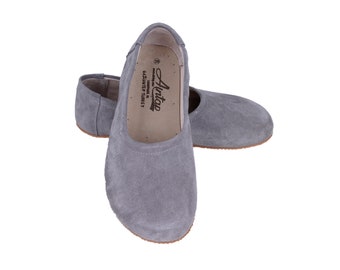 Flat Ballet Barefoot Zero Drop GRAY SUEDE Leather Ballerinas, Leather Handmade Shoes, Slip-On 5mm Rubber Outsole or Leather Outsole