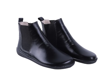 Women Handmade CHELSEA Boots Zero Drop, Barefoot BLACK SMOOTH Leather, Natural, Colorful, Leather Insole & 5mm Soft Rubber