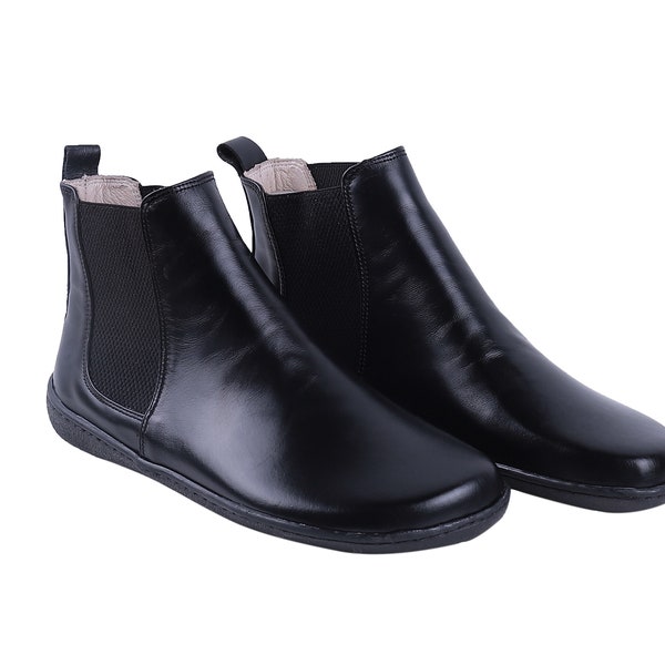 Women Handmade CHELSEA Boots Zero Drop, Barefoot BLACK SMOOTH Leather, Natural, Colorful, Leather Insole & 5mm Soft Rubber