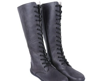 Handmade Asphalt Black Leather Knee-High Boots: Women's Barefoot Zipper Shoes