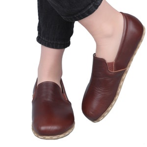 WOMEN Barefoot DARK BROWN Leather Handmade Sport Yemeni Shoes, Natural, Colorful, Slip-On