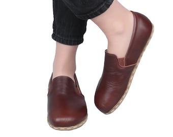 WOMEN Barefoot DARK BROWN Leather Handmade Sport Yemeni Shoes, Natural, Colorful, Slip-On