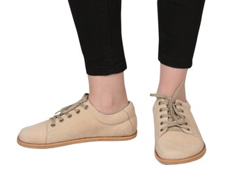 WOMEN Zero Drop SNEAKER Barefoot BEIGE Nubuck Leather Handmade Shoes, Natural, Colorful, Slip-On