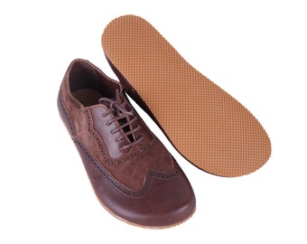 HOMBRES OXFORD descalzos, zapatos mocasines Hombre de negocios Cuero marrón oscuro Hecho a mano Zero Drop, Vestido Oxfords formales con cordones Suela de goma