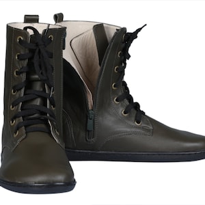Handmade Olive Green Leather Boots: Barefoot Zero Drop