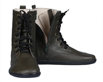 Handmade Olive Green Leather Boots: Barefoot Zero Drop