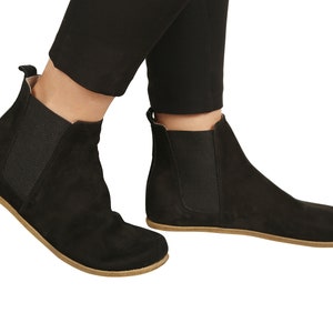 Dames handgemaakte CHELSEA laarzen Zero Drop, blote voeten ZWART NUBUCK leer, natuurlijk, kleurrijk, lederen binnenzool & buitenzool