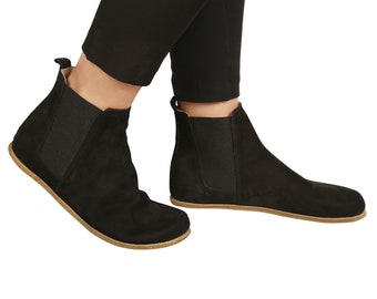 Women Handmade CHELSEA Boots Zero Drop, Barefoot BLACK NUBUCK Leather, Natural, Colorful, Leather Insole & Outsole