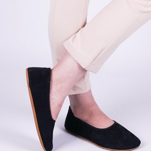 Flat Ballet Barefoot Zero Drop BLACK NUBUCK Leather Ballerinas, Leather Handmade Shoes, Slip-On 5mm Rubber Outsole