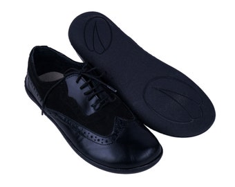 Women Barefoot OXFORD, Moccasin Shoes Businesswoman BLACK Leather Handmade Zero Drop, Dress Formal Oxfords Lace Up 6mm Rubber Outsole