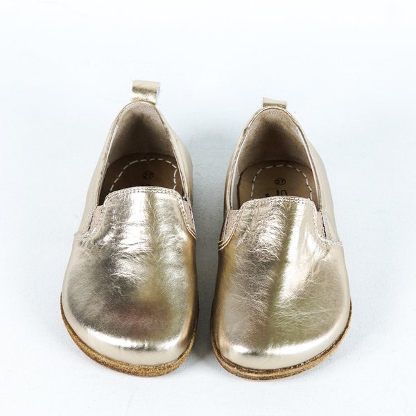 KIDS WIDER Barefoot Slip-On GOLD Bright Leather Handmade Yemeni Shoes, Natural, Colorful Boy Shoes, Girl Shoes