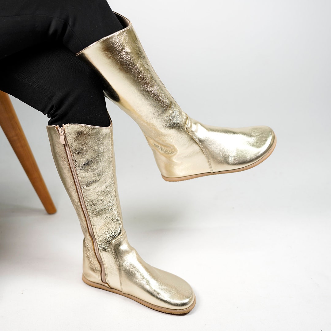 bonitas　ゴールド フラットシューズ 　24.0　SLOBEIENA Women Flat KNEE Boots Barefoot Zero Drop GOLD BRIGHT Leather