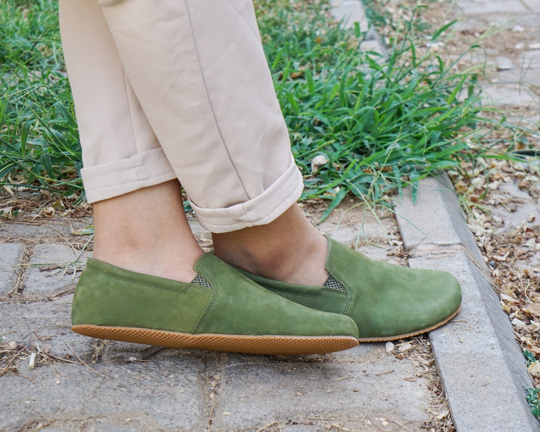 Buy Mens Green Nubuck Leather Barefoot Shoes: Handmade Zero Drop Slip-ons  Online in India
