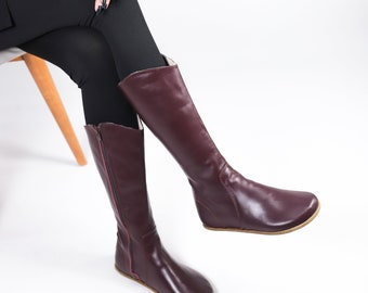 Women Flat KNEE Boots Barefoot Zero Drop BURGUNDY SMOOTH Leather Handmade Shoes, 5mm Leather Outsole