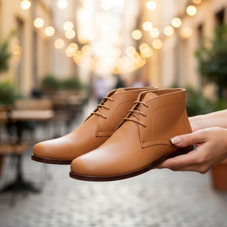 Puede incluir: Un par de botines de cuero color canela con dise&ntilde;o de cordones. Los botines son sostenidos por unas manos. Tienen punta redondeada y suela marr&oacute;n oscuro. El fondo est&aacute; borroso.