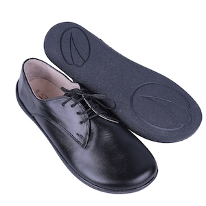 Women&#39;s Handmade Leather Oxford Shoes: Black Zero Drop Barefoot Sneakers