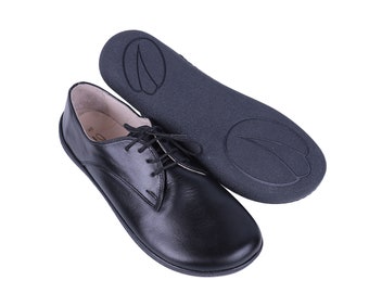 DAMES Zero Drop Oxford Barefoot ZWART SMOOTH Lederen handgemaakte schoenen, natuurlijk, kleurrijk, instapper 5 mm rubberen buitenzool