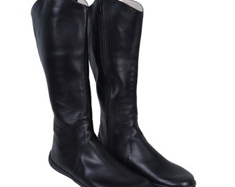 Women Flat KNEE Boots Barefoot Zero Drop BLACK SMOOTH Leather Handmade Shoes, 6mm Soft Rubber Outsole