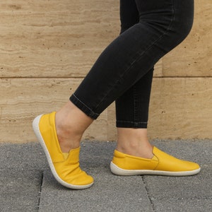 Women SLIP-ON YELLOW Smooth Leather, Handmade Barefoot, Grounding, Zero Drop, Flexible Soft Rubber Sole, Stylish, Natural, Colorful