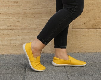 Women SLIP-ON YELLOW Smooth Leather, Handmade Barefoot, Grounding, Zero Drop, Flexible Soft Rubber Sole, Stylish, Natural, Colorful