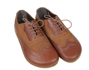 Brown Leather Barefoot Oxford Shoes: Handmade Zero Drop Lace-Up