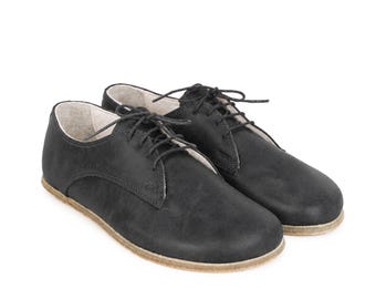 Women Barefoot BLACK CRAZY Leather Oxford Shoes, Classic Comfort & Style: Handmade, Moccasins