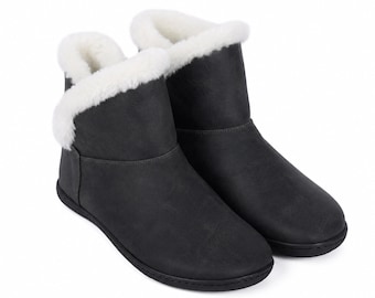 Damen-Barfuß-Puffy-Sheep-Ankle-Boot aus Asphalt-Schwarz-Crazy-Leder, handgefertigt, flexible Gummisohle